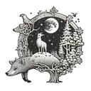 moon and stars night forest animals looking up  tattoo design idea