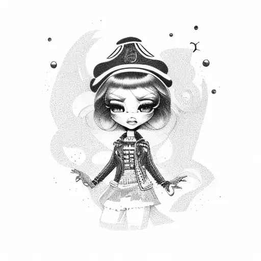 bratz, gorro negro, chaqueta negra, blusa rosa, falda negra y botas negras  tattoo design idea