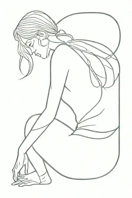 woman squatting from behind her shoulder tattoo design idea