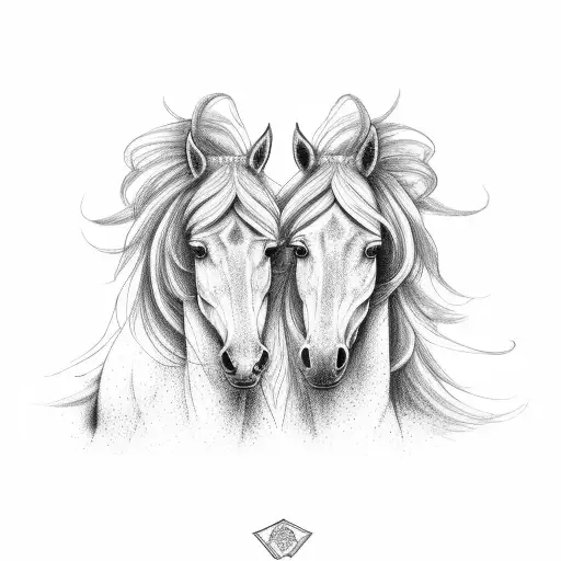 two horses with bride white and brown looking at each other surrounded by huge mane  tattoo design idea