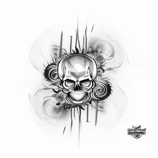 harley davidson engine surrounded by flames with human skull at the bottom tattoo design idea