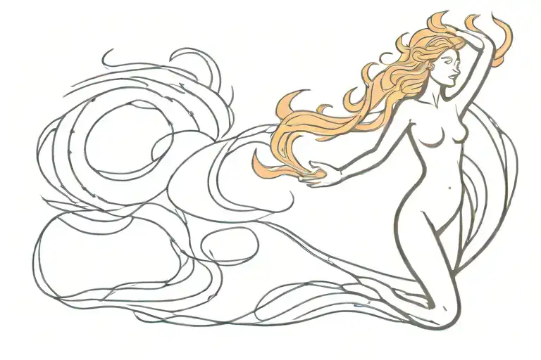 A minimalist tattoo of a goddess emerging from flames, representing transformation and power tattoo design idea