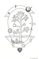 minimalist tree, flower, pen, ace of hearts card, anchor, sunset, record player and basketball in a vertical line tattoo design idea