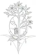 minimalist tree, flower, pen, ace of hearts card, anchor, sunset, record player and basketball in a vertical line tattoo design idea