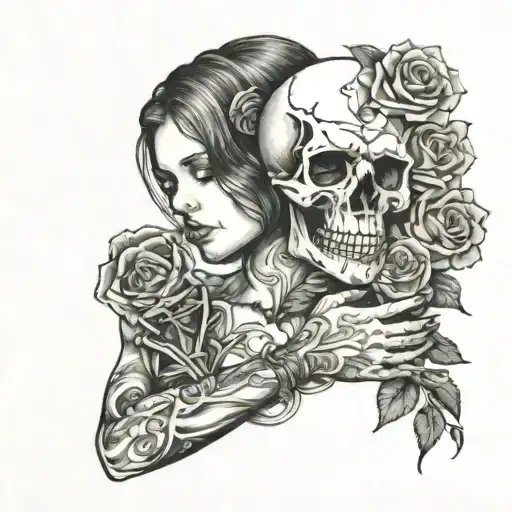 girl holding rose with skull hand  tattoo design idea