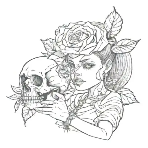girl holding rose with skull hand  tattoo design idea