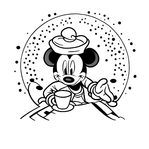 A sleeping Mickey Mouse surrounded by coffee beans tattoo design idea