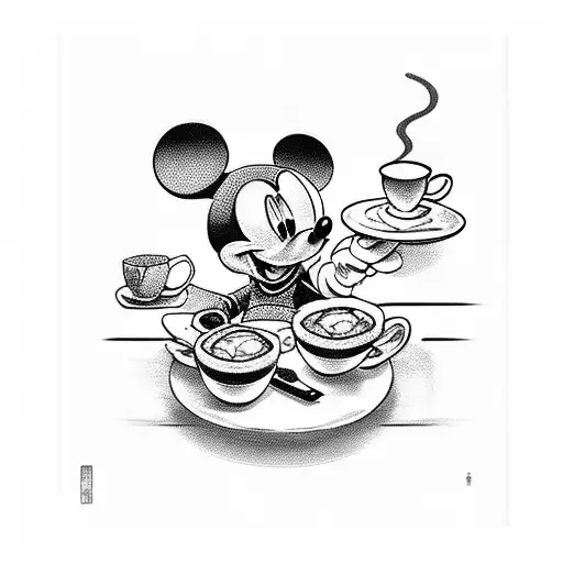A café scene with Mickey Mouse serving sushi tattoo design idea