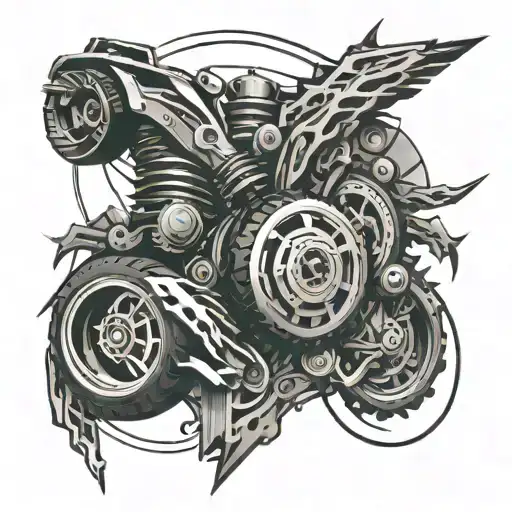 An abstract composition of tire tracks and engine parts merging into a dynamic and energetic design tattoo design idea