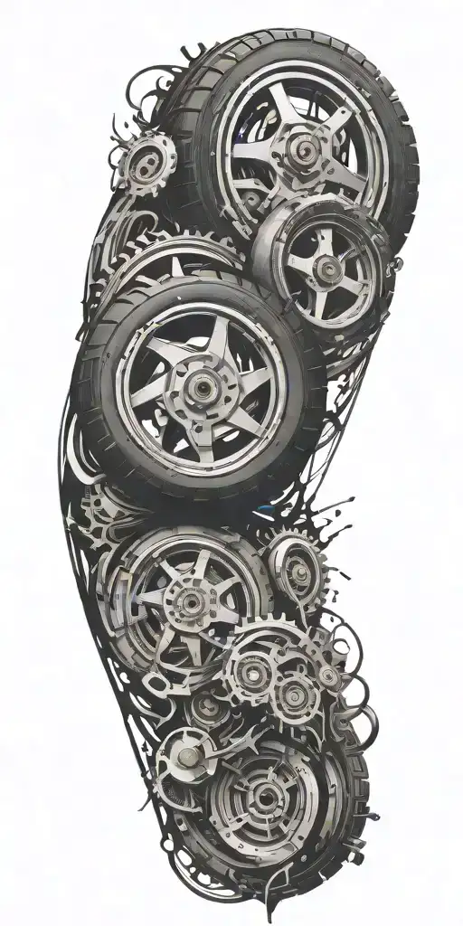 An abstract composition of tire tracks and engine parts merging into a dynamic and energetic design tattoo design idea