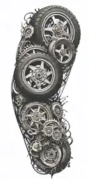 An abstract composition of tire tracks and engine parts merging into a dynamic and energetic design tattoo design idea
