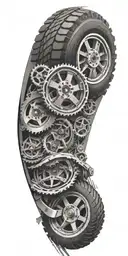 An abstract composition of tire tracks and engine parts merging into a dynamic and energetic design tattoo design idea