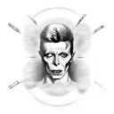 A rocket launch with David Bowie's face at Lazarus blurred in smoke from the rocket. tattoo design idea