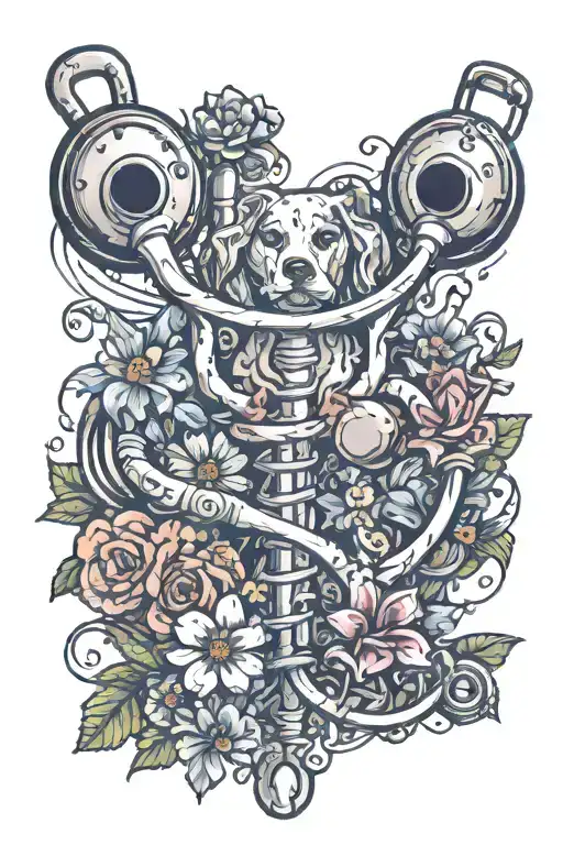 An artistic interpretation of a stethoscope intertwined with dog bones and flowers tattoo design idea