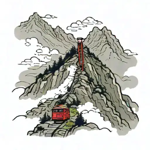 a man walking down a slope against the backdrop of mountains in the clouds, a red cable car rides nearby tattoo design idea