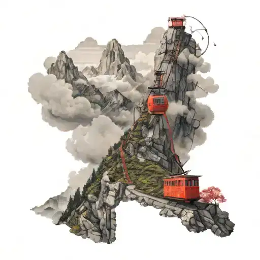 a man walking down a slope against the backdrop of mountains in the clouds, a red cable car rides nearby tattoo design idea