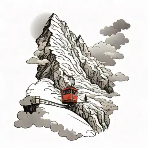 a man walking down a slope against the backdrop of mountains in the clouds, a red cable car rides nearby tattoo design idea