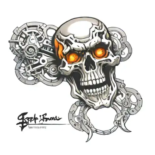 mechanical skull with angry expresssion tattoo design idea