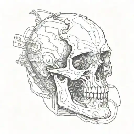 terminator skull with wires running down the arm tattoo design idea