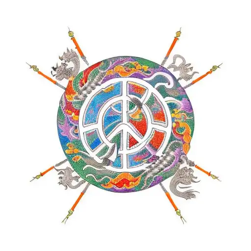 mandarin characters saying family love and peace in a traditonal Muay Thai circle with fire and dragons tattoo design idea