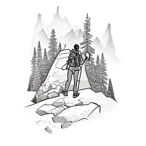 A hiker climbing a mountain with a backpack and camping gear, surrounded by musical instruments tattoo design idea