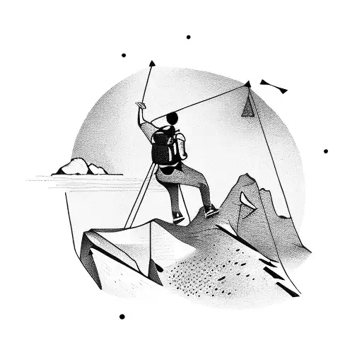 A hiker climbing a mountain with a backpack and camping gear, surrounded by musical instruments tattoo design idea