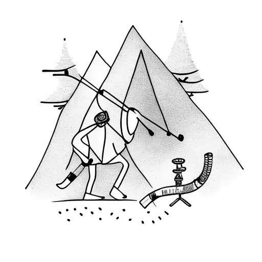 A hiker climbing a mountain with a backpack and camping gear, surrounded by musical instruments tattoo design idea