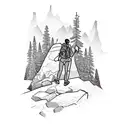 A hiker climbing a mountain with a backpack and camping gear, surrounded by musical instruments tattoo design idea