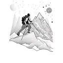 A hiker climbing a mountain with a backpack and camping gear, surrounded by musical instruments tattoo design idea