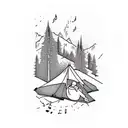 A hiker climbing a mountain with a backpack and camping gear, surrounded by musical instruments tattoo design idea