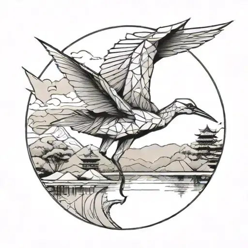 Geometric origami crane flying over a traditional Japanese landscape tattoo design idea