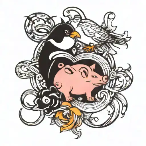 infinity symbol with pig and penguin tattoo design idea