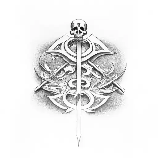 Draw the Death engrave the Kanji symbols for Death, Sin and Divine Punishment on his scythe tattoo design idea