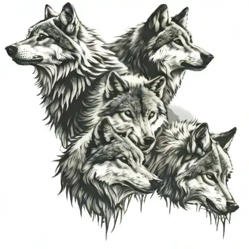 pack of 4 wolves aligning 1 alpha and 3 female tattoo design idea