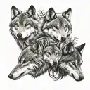 pack of 4 wolves aligning 1 alpha and 3 female tattoo design idea