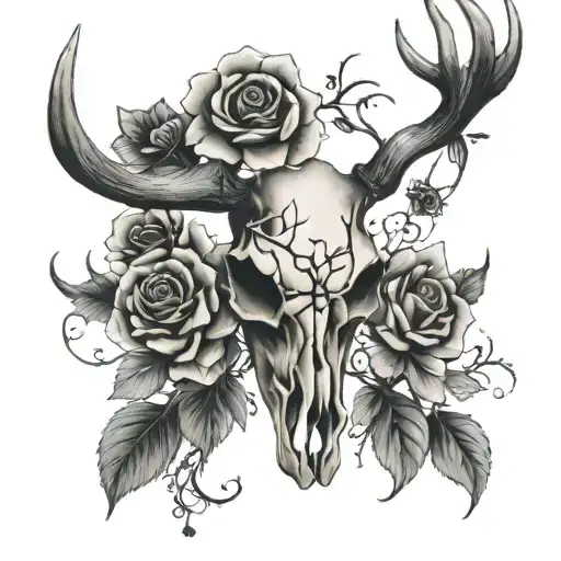 A haunting black-grey tattoo of a deer skull with antlers intertwined with flowers and vines tattoo design idea