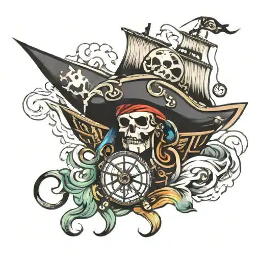 Pirate ship, compass, pirate hat tattoo design idea