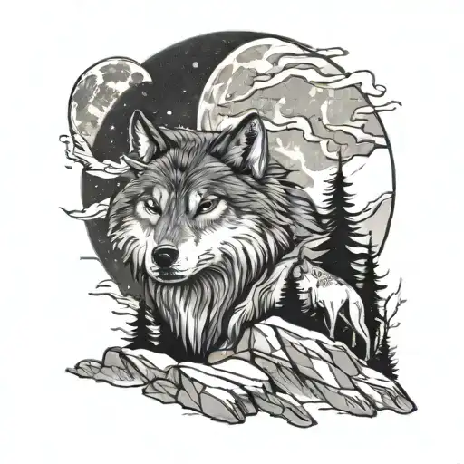 wolf on the mountain, night and the moon burning in the background behind the mountain, the mountain is placed in the im tattoo design idea