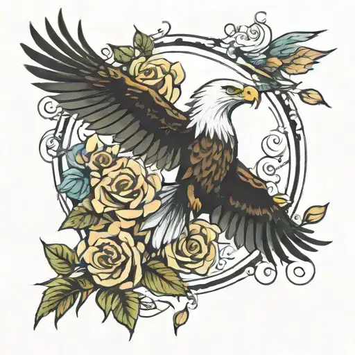 roses and eagle flying tattoo design idea
