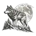 wolf on the mountain, night and the moon burning in the background behind the mountain, the mountain is placed in the im tattoo design idea