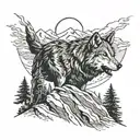 wolf on the mountain, night and the moon burning in the background behind the mountain, the mountain is placed in the im tattoo design idea