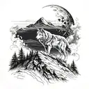 wolf on the mountain, night and the moon burning in the background behind the mountain, the mountain is placed in the im tattoo design idea