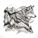 wolf on the mountain, night and the moon burning in the background behind the mountain, the mountain is placed in the im tattoo design idea