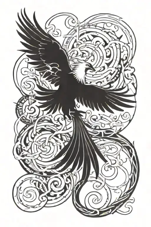 Generate a minimalist tattoo in black and white with the following elements 1. Phoenix Bird in Flight 2. Broken Chain on the tattoo design idea