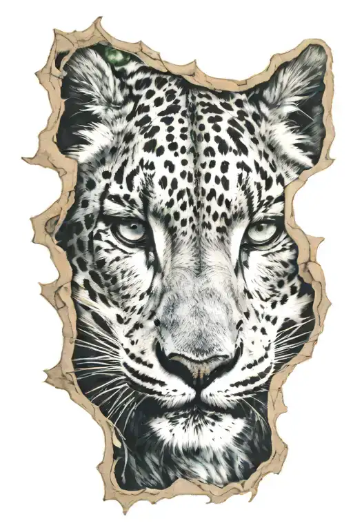 snow leopard head looking through dense forest  tattoo design idea