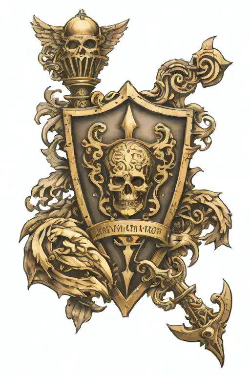 Stoic, bronze shield, Amor Fati, memento mori written tattoo design idea