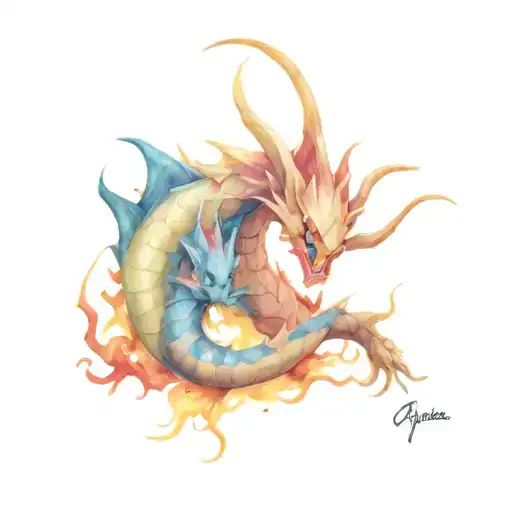 Pokemon characters gyarados and onyx in battle scene tattoo design idea