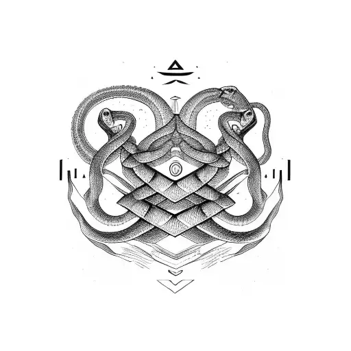 A snake wrapped around a pink Floyd prism with time-related symbols tattoo design idea