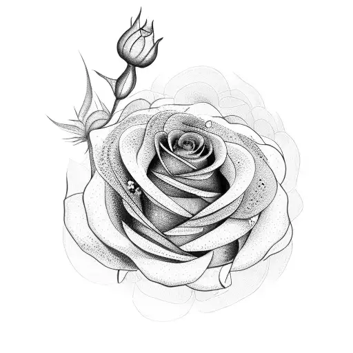 A dotwork tattoo of a rose blooming with musical notes and travel landmarks incorporated into the petals tattoo design idea