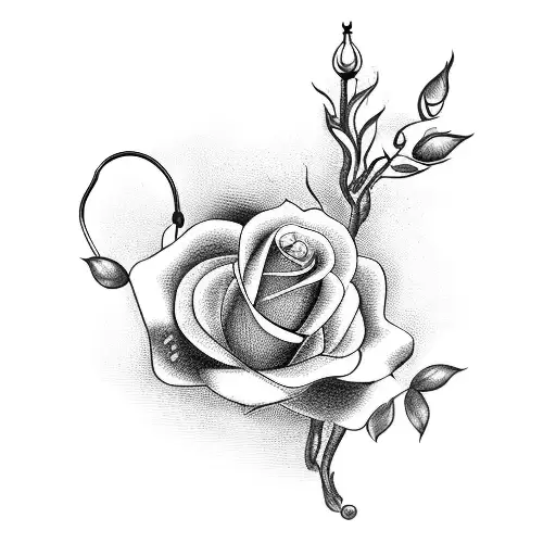 A detailed blackwork tattoo of a stethoscope intertwined with roses tattoo design idea